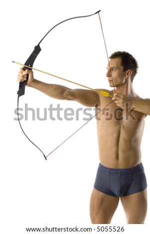 stock photo : Young, handsome man only in underwear holding bow and shooting to target. White background background