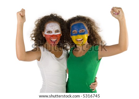 Female screaming fans with hands up and painted Polish and  Slovakian flags on faces. They\'re looking at camera. They\'re on white background. Front view.