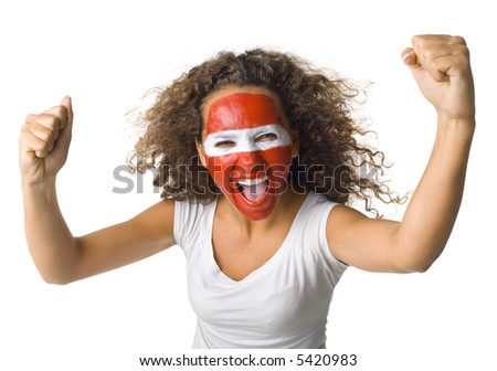 Young screaming Austrian sport\'s fan with painted flag on face and with clenched fist. Front view. Looking at camera, white background