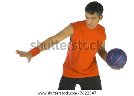 Young man playing basketball. He\'s dressed orange T-shirt. White background, front view.