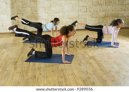A group of women making stretching exercise on yoga mat. Focus on the woman in red shirt. Front view.