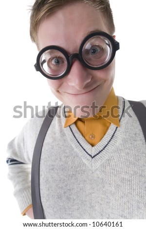 Happy Nerd In Funny Glasses. Smiling And Looking At Camera. Front View 