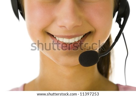 Half woman\'s face with microphone. Focused on mouth. Front view. White background.