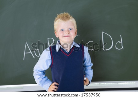 Smiling schoolboy standing at chalkboard and looking at camera. Ffront view.