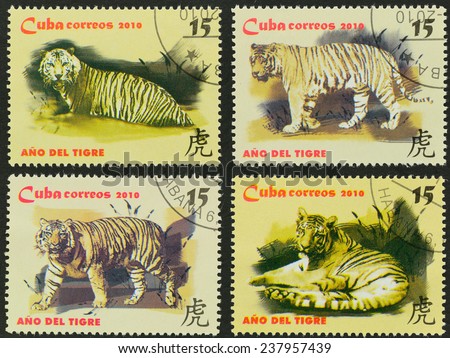 CUBA - CIRCA 2010: A set of stamp printed in CUBA shows image of Tiger, 2010