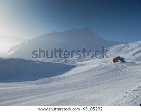 Mountain hut with Extensive ski piste and powder snow off piste. Skiing Les Contamines, French alps