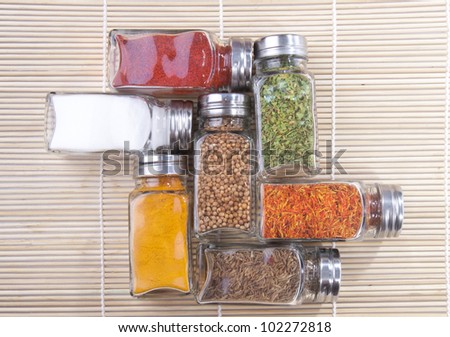 Jars of spices on the wooden background