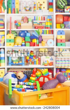 box with toys in room for children