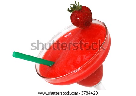Frozen strawberry margarita with strawberry and straw.  Isolated on white background.