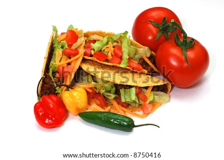 Tacos with tomatoes, habanero and serrano peppers.  Isolated on white background.