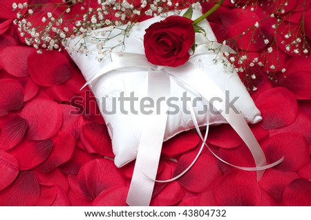 Red rose with baby\'s breath on white ring bearer\'s pillow with red rose petals.