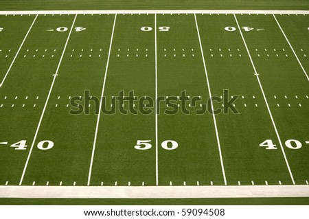 Empty American football field showing 40 and 50 yard lines