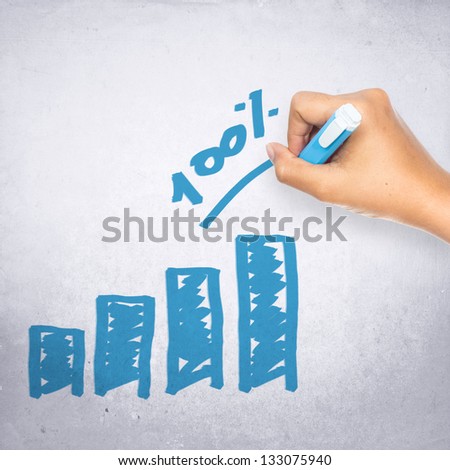 Hand writing one-hundred percent graph on gray background