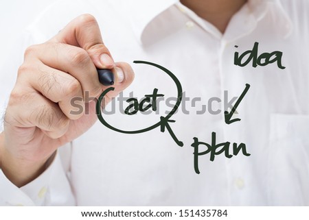 Man in white shirt writing business improvement step