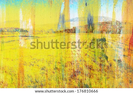 Dirty landscape painting, field after harvest that full of colored stain