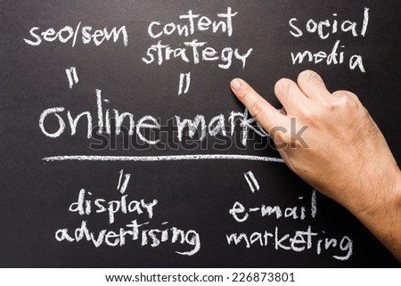 Handwriting of Online Marketing concept with hand point at the Content Strategy topic