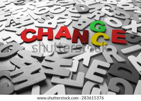 Color Change and  Chance word concept  in scattered black and white wood letters