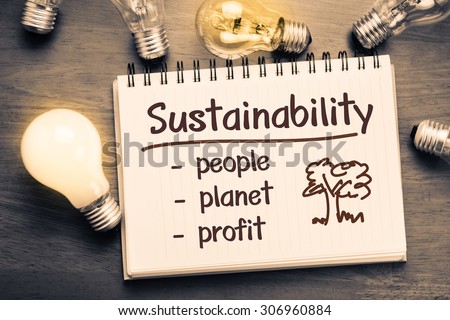 Sustainability concept as memo on notebook with light bulbs