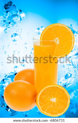 Fresh orange juice with water splash background