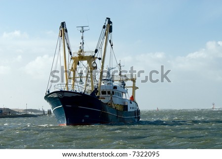 fishing ship during a storm in harbor