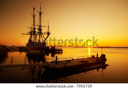 An old ship and sunset