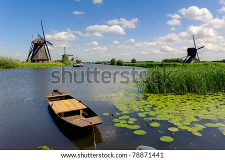 Windmill landscape at Kinderdijk near Rotterdam The Netherlands