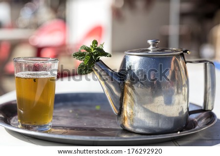 Mint tea in a glass and pot, Morocco