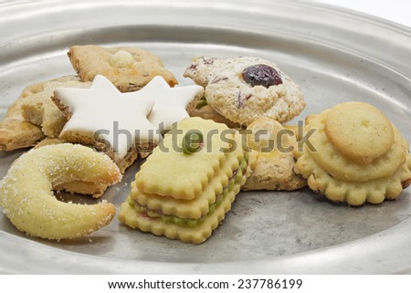 Selection of Christmas cookies on a tin plate