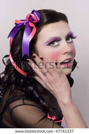 doll,makeup,pink cheeks,black,hair,black