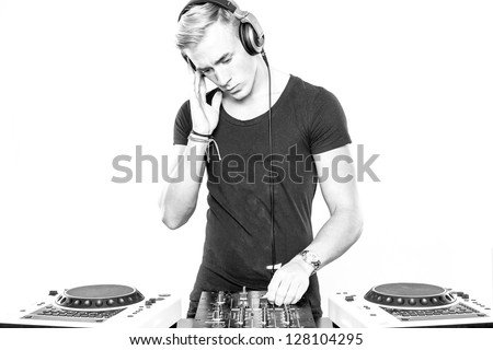 DJ at work in front of white background