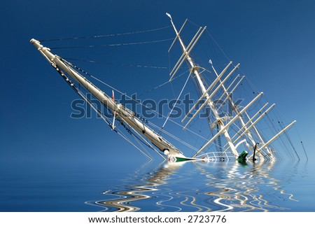 Sinking sailing ship in front of blue sky.