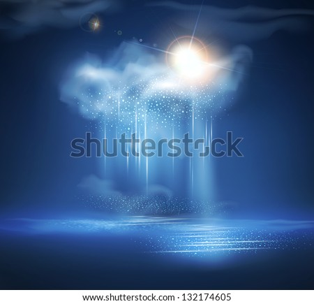 vector sea, night landscape with thunderstorm and light