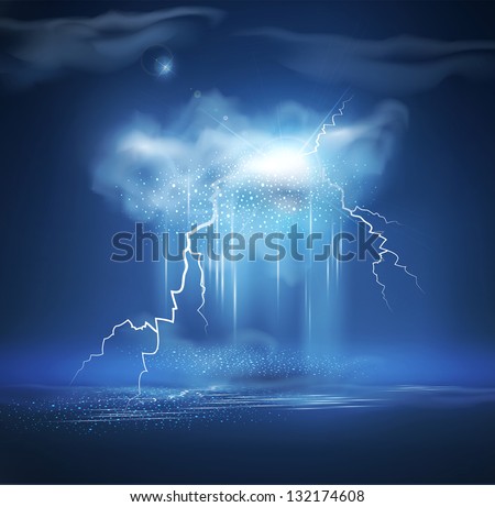 Vector night sea landscape with thunderstorm