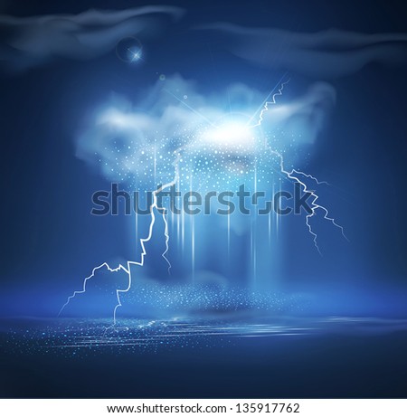 night sea landscape with thunderstorm
