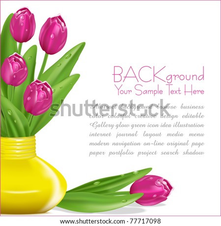 vector flowers pink tulips with drops of dew in a yellow vase
