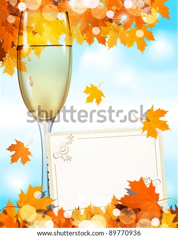 a glass of wine standing on a wooden table with a greeting card, the blue sky and autumn maple leaves\
\
(JPEG version)