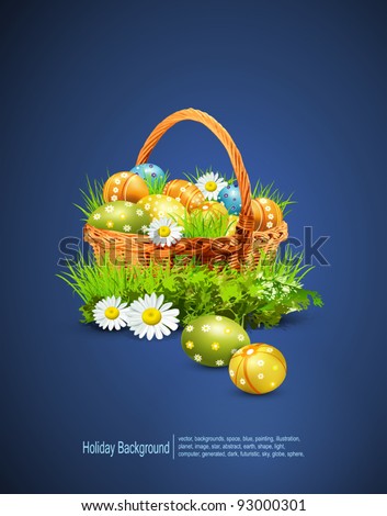 a basket full of Easter eggs on a blue background a basket full of Easter eggs on a blue background