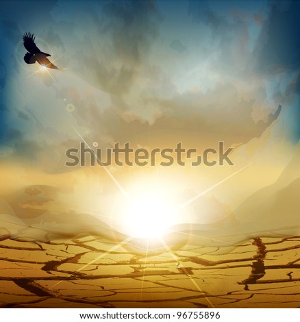 desert landscape with rising sun and an eagle flying high