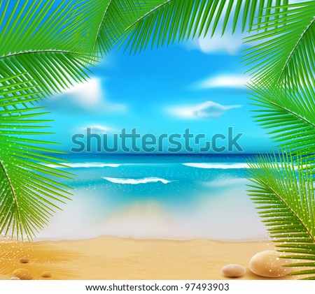 vector  landscape with a sky-blue ocean, golden sands and palm trees