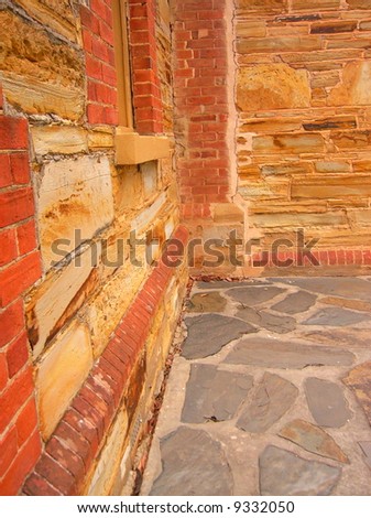 Photo taken at historic Willunga featuring architectural detail (sandstone) of the old court house building (South Australia).