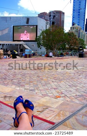 MELBOURNE - DECEMBER 29, 2008: The iconic Big Screen at Federation Square showing Day 4 of the Boxing Day Cricket Test Match (Australia vs South Africa) 29 December, 2008, Melbourne, Australia.
