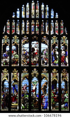 HALIFAX, UK - JUNE 21: Stained glass in the East Window of Halifax Minster, June 21, 2012. This month sees the Minster sign off its application to the Heritage Lottery Fund for 2.3 million pounds