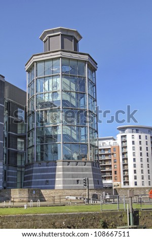 LEEDS, UK - JULY 24: The Royal Armouries seen from the River Aire, Leeds, July 24, 2012. A new master plan aims to put back the \'spirit and soul\' into Clarence Dock is unveiled on the 26th of July
