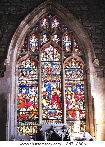 YORK, UK - APRIL 4: Stained glass window in York St. Mary's Church on April 4, 2013 in York. The church is currently displaying the shortlisted works for the Aesthetica Art Prize.