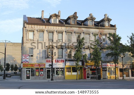 HAMILTON, ONTARIO - JULY 2013: Commercial building, Hamilton, 21 July, 2013. Plans are being made by the City of Hamilton to revitalize its once glorious downtown, particularly parks and amenities