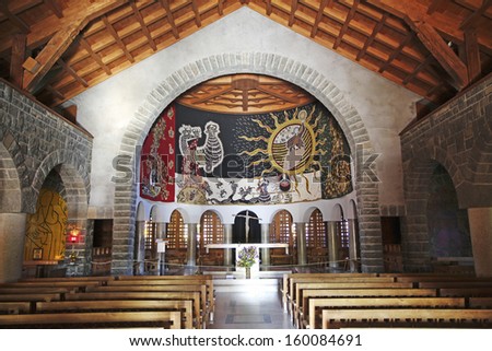 PASSY, FRANCE - OCTOBER, 24:Interior of Notre Dame de Toute Grace, Passy, France, 24, October, 2013. The humble church mountain is a veritable manifesto of early 20th century modern art