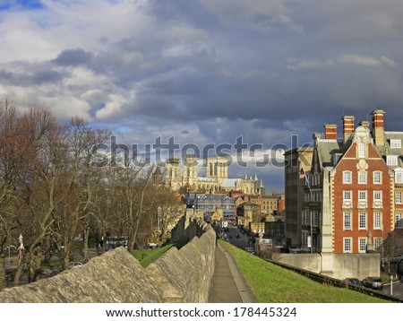 YORK,UK - FEBRUARY 20: Minister from the city walls, York, 20 February, 2014. York\'s 30th Jorvik festival explores the Viking world of myths and legends from the 15th February 2014