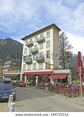 CHAMONIX, FRANCE - MARCH 2014: Bar / Restaurant, Chamonix, France, 19 March 2014. Chamonix is one of the oldest ski resorts in France and the \