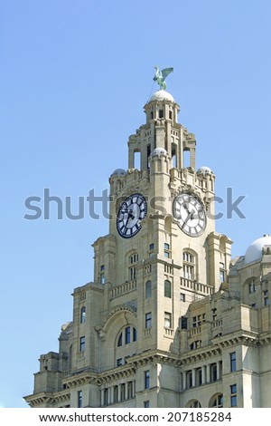LIVERPOOL, UK - 24th JULY 2014: The Liver building is one of the Three Graces. The Three Graces are on the Liverpool waterfront and recognised as an Unesco World Heritage Site