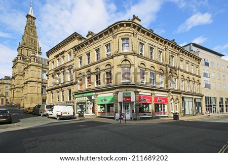 HALIFAX,UK - AUGUST 18, 2014: Shops, Halifax, West Yorkshire, England, UK, August 18 2014. Halifax is a Minster town and well known for the manufacture of wool from the 15th century